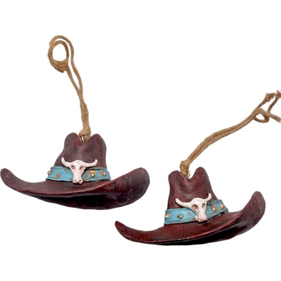 Vintage Pair of Cowboy Hat Christmas Ornaments Longhorn Skulls Hillbilly 3" - Picture 8 of 8